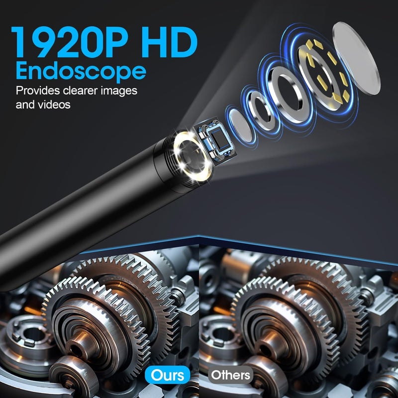 PAPIBLU Endoscope with Light, 1920P HD Borescope with 8 Adjustable LED Lights, 16.4FT Semi-Rigid Snake Camera, IP67 Waterproof Inspection Tool for iPhone & Android - Single Lens (Black) - Image 2